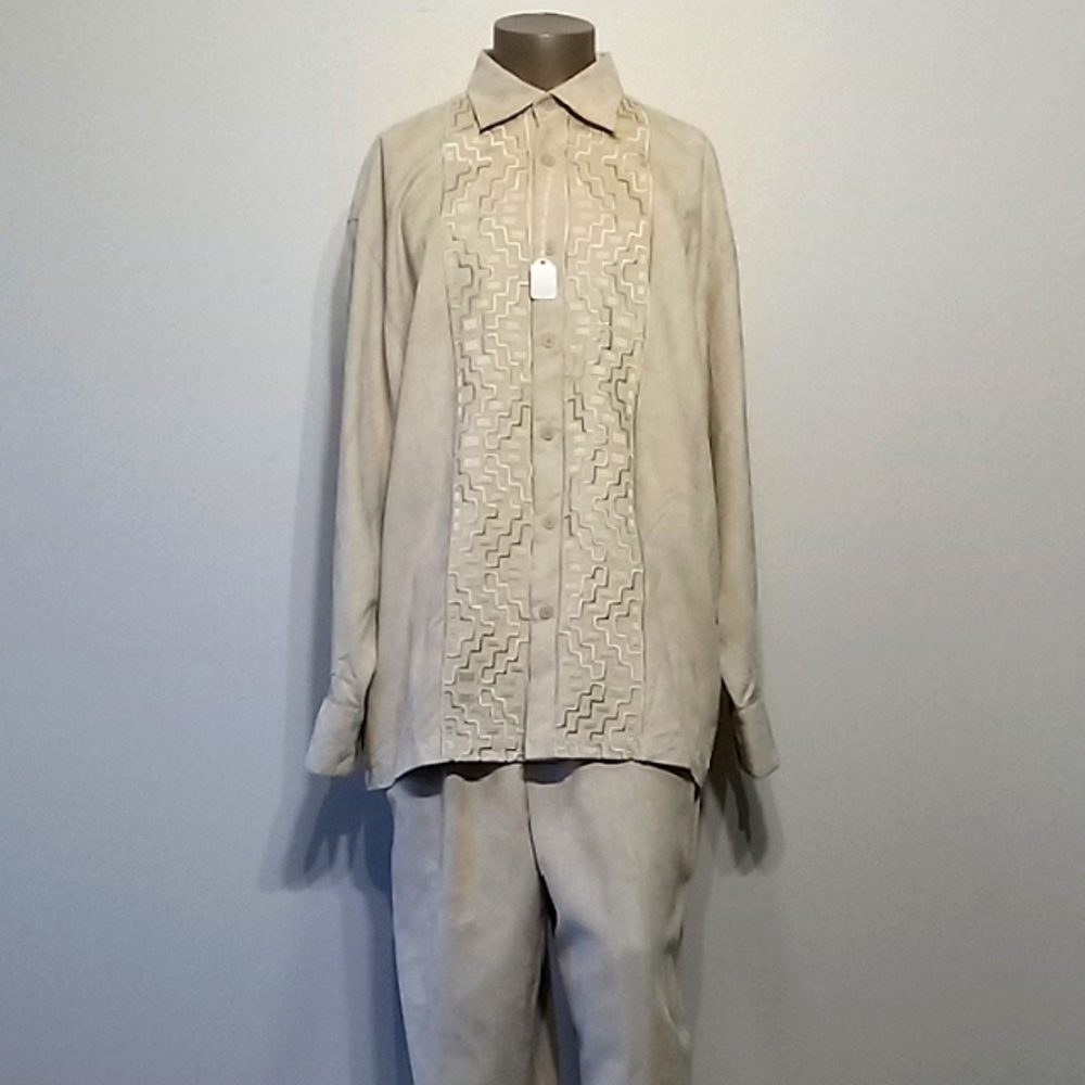 Stylish 2pc Cream & Beige Mole Skin Suit Set with Aztec Design by M2 by Morvati